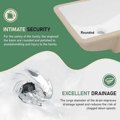 20x14 Inch White Rectangle Undermount Bathroom Sink | Interior Bowl Size 18"W x 12"D, Ceramic, Curved Bottom, Easy to Clean, with Overflow, Ideal for Bathroom, Lavatory