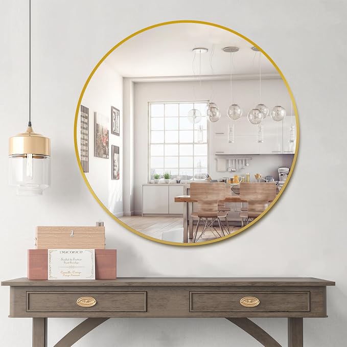 30 Inch Gold Round Circle Mirror for Bathroom Wall, Metal Frame | HD tempered glass for clear, distortion-free reflection. Mounting hardware included for vertical or horizontal wall mount.