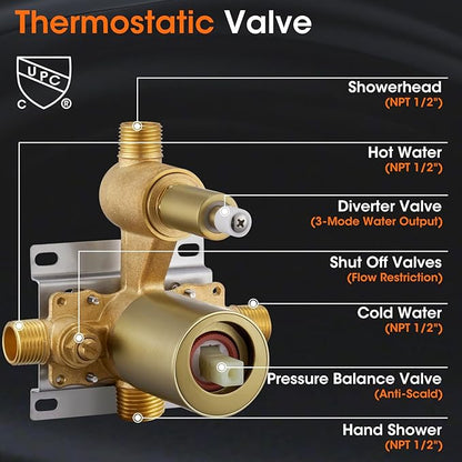 Antique Rainfall Shower System Bathroom Luxury Rain Mixer Shower Faucet Set with Pressure Balance Valve, Shower Combo Set with Rain Shower Head and Vintage Handheld Spray 9 inch Light Gold