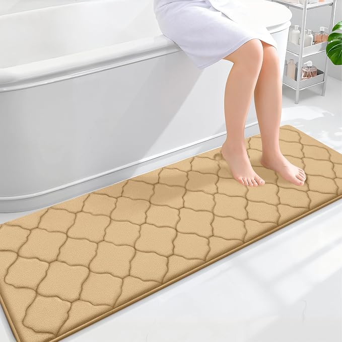 OLANLY Memory Foam Bath Mat Rug 59x20, Ultra Soft and Absorbent Bathroom Rugs, Non-Slip, Comfortable, Machine Washable Bath Carpet for Bathroom Floor, Tub, Shower and Home Decor Accessories, Beige
