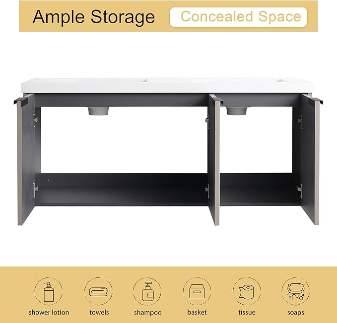 Malwee 48" Bathroom Vanity with Sink, 48 inch Double Sink Floating Vanity, Wall Mounted Bathroom Basin Cabinet Combo, Modern Khaki Bath Vanity Cabinet Set with Storage(MA10348DKH)
