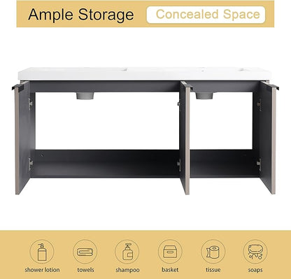 Malwee 48" Bathroom Vanity with Sink, 48 inch Double Sink Floating Vanity, Wall Mounted Bathroom Basin Cabinet Combo, Modern Khaki Bath Vanity Cabinet Set with Storage(MA10348DKH)
