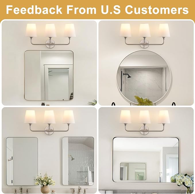 Bathroom Light Fixtures, 3-Light Brushed Nickel Vanity Lights, 25" Bathroom Lighting Fixtures Over Mirror with White Flared Fabric Shade, Modern Wall Sconces for Bathroom Bedroom Living Room Hallway