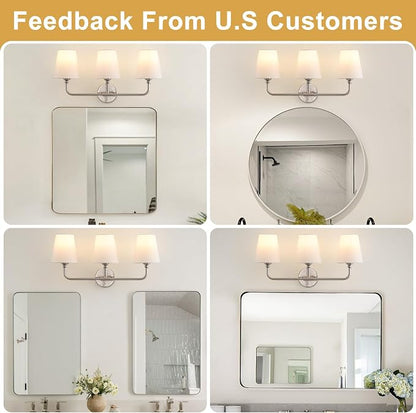 Bathroom Light Fixtures, 3-Light Brushed Nickel Vanity Lights, 25" Bathroom Lighting Fixtures Over Mirror with White Flared Fabric Shade, Modern Wall Sconces for Bathroom Bedroom Living Room Hallway