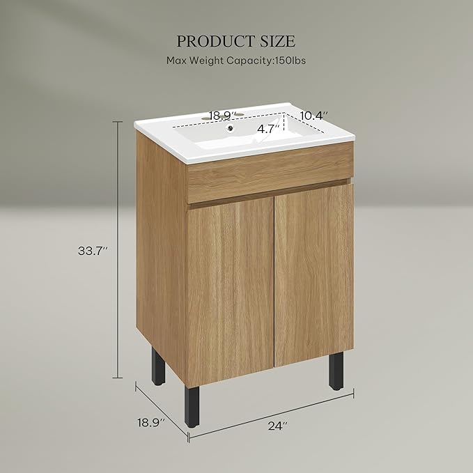 YITAHOME 24 Inch Bathroom Vanity with Sink, Bathroom Cabinet Vanity for Small Space, Freestanding Storage Bathroom Vanity with 2 Soft Closing Cabinets, Natural Brown