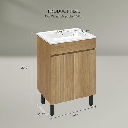 YITAHOME 24 Inch Bathroom Vanity with Sink, Bathroom Cabinet Vanity for Small Space, Freestanding Storage Bathroom Vanity with 2 Soft Closing Cabinets, Natural Brown