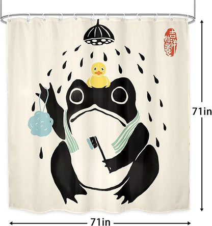 LGhtyro Funny Frog Shower Curtain Bathroom Set 71Wx71H Inches Asian Traditional Japanese Art Cute Animal Bath Style Rubber Duck Bath Accessories Retro Black Beige Art Home Decor Fabric 12 Pack Hooks