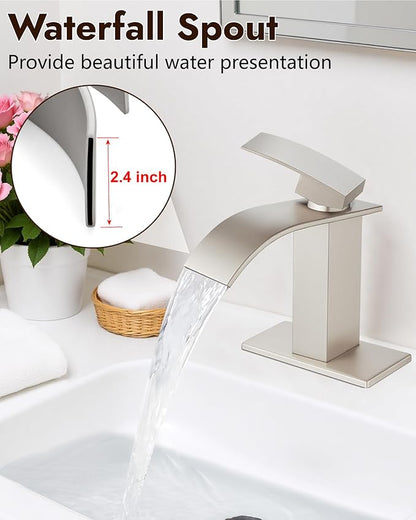 Midanya Bathroom Faucet with Waterfall Spout, Single Hole or 3-Hole Deck Mount, 304 Stainless Steel Sink Faucet with Pop-Up Drain, RV Vanity Compatible,Brushed Nickel