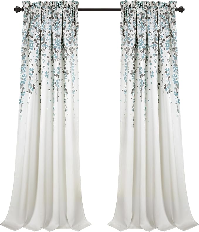 Lush Decor Weeping Flower Light Filtering Window Curtain Panels, Pair, 52"W x 84"L + 2" Header, Blue & Gray - Charming Modern Floral Curtains for Living Room, Dining Room, & Bedroom