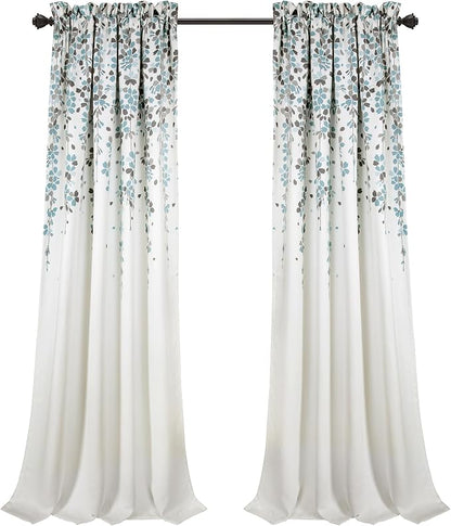Lush Decor Weeping Flower Light Filtering Window Curtain Panels, Pair, 52"W x 84"L + 2" Header, Blue & Gray - Charming Modern Floral Curtains for Living Room, Dining Room, & Bedroom