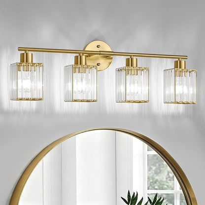 4 Light Bathroom Light Fixtures, Modern Crystal Vanity Lights over Mirror | Metal Frame, Bathroom Light with Square Crystal Shade, ETL Certified, E26 Ceramic Socket, Bulbs Not Included