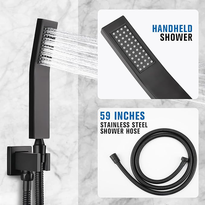 10 Inch Rainfall Shower System - Wall Mounted Complete Combo with Solid Brass Pressure Balancing Valve, High Pressure Shower Head, Handle Set & Installation Accessories Matte Black