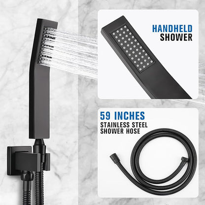 10 Inch Rainfall Shower System - Wall Mounted Complete Combo with Solid Brass Pressure Balancing Valve, High Pressure Shower Head, Handle Set & Installation Accessories Matte Black