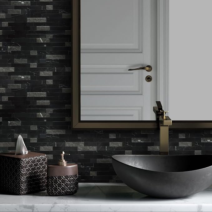SUNWINGS 5-Sheet Peel and Stick Mosaic Natural 3D Stone Self Adhesive Marble Tiles, 11.5" x 10.7" Stick on Backsplash for Kitchen Bathroom Fireplace Vanity, Mixed Black