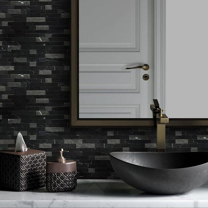 SUNWINGS 5-Sheet Peel and Stick Mosaic Natural 3D Stone Self Adhesive Marble Tiles, 11.5" x 10.7" Stick on Backsplash for Kitchen Bathroom Fireplace Vanity, Mixed Black