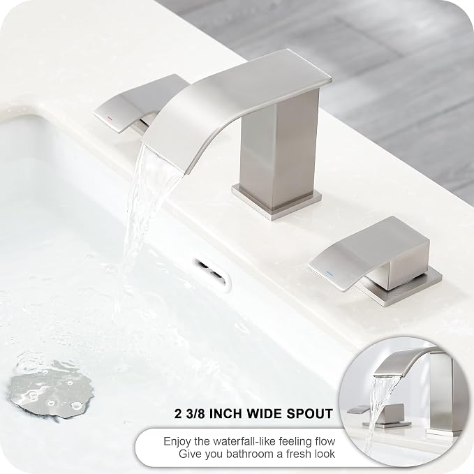 8 Inch Waterfall Bathroom Faucets 3 Hole - Brushed Nickel Widespread Bathroom Faucet with Pop-up Drain, Two Handles Bathroom Sink Faucet, Modern Vanity Sink faucets with Supply Lines