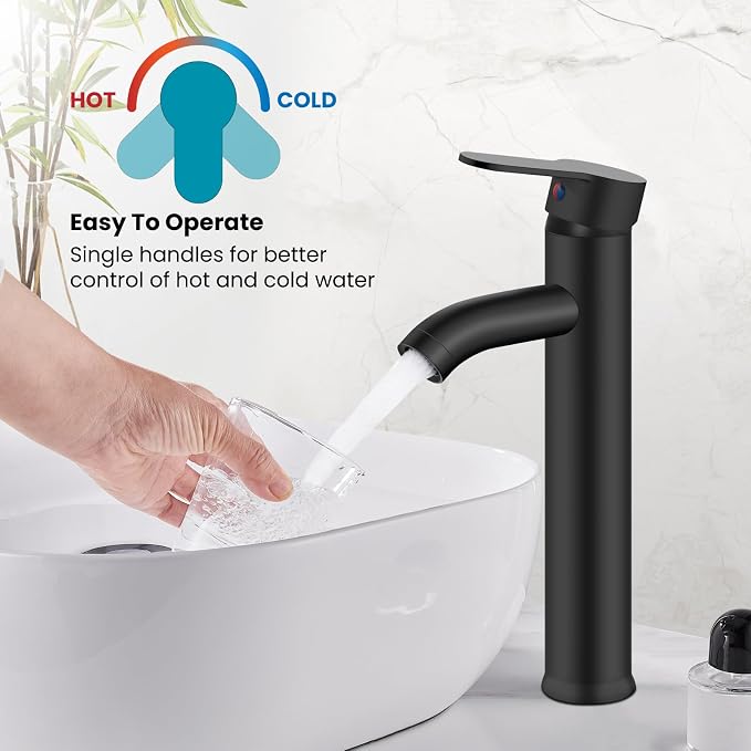 gotonovo Modern Vessel Sink Faucet with ABS Pop Up Drain, Matte Black | Modern Tall Bathroom Faucet 1 Hole Single Handle Round Body, cUPC Water Supply Hoses, Basin Mixer Tap for Vanity Lavatory Rv