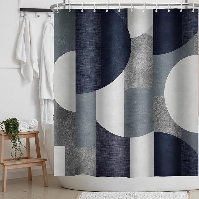 Navy Blue Shower Curtain Abstract Modern Geometry Circles Contemporary Style,Grey Fabric Shower Curtains Bathroom Accessories 72x72 Inches