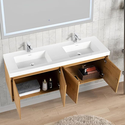 Blossom 60 Inch Wall Mounted Bathroom Vanity with Sink | Floating Wood Vanity Cabinet | Modern Soft-Close Doors & Storage | Space-Saving Design (Classic Oak, 60'' Acrylic Double Sink)