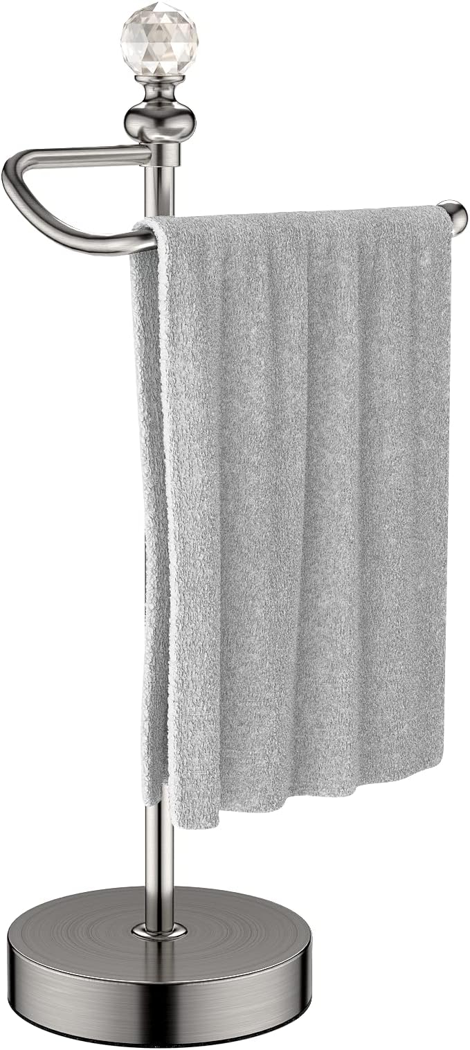ROLABAM Heavy Weighted Hand Towel Holder (with Crystal Ball) Hand Towel Holder Stand Total Height 16.54'' for Kitchen, Bathroom and Countertops, Classic Metal Fingertip Towel Holder, Brushed Nickel