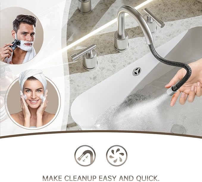 Phiestina Pull Out Brushed Nickel Bathroom Sink Faucet 8 inch - 3 Hole Pull-Down Sprayer Bathroom Faucet, Metal Pop-Up Drain, Water Supply Lines, 2 Handles for 3-Hole Sinks,WFZY01CL-BN