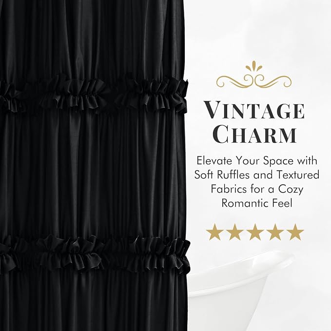 LIPA Boho Rustic Black Ruffle Shower Curtain 72x72 Inches | Farmhouse Shower Curtains for Bathroom,Water‑Resistant Fabric Shower Curtain,Bohemian Bathroom Decor