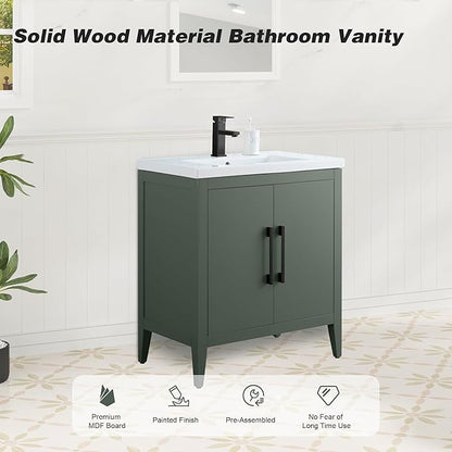 HomeBeyond 30 Inch Bathroom Vanity with Sink & Ceramic Top, Single Vanity Cabinet with Basin, Soft-Closing Doors & Matte Black Hardware, Vintage Green