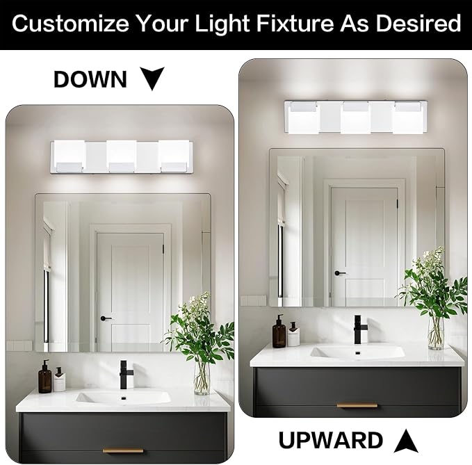 Chrome Bathroom Vanity Lights - 3 Light Modern Bathroom Light Fixtures - LED Vanity Lighting Fixtures 6000K Cool Whtie