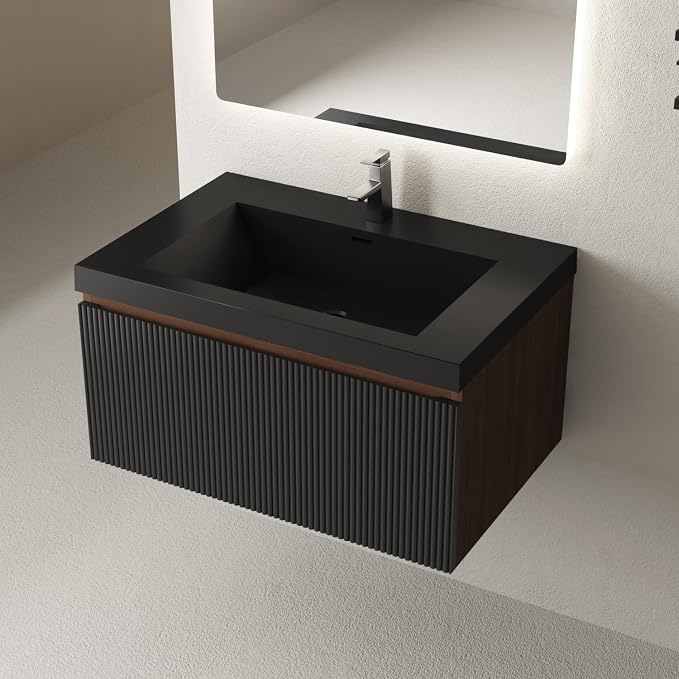 30 Inch Floating Bathroom Vanity with Sink, Wall Mounted Striped Storage Cabinet, Soft Close Drawer, Black Quartz Sand Basin, Fully Assembled, Smoked Walnut Finish