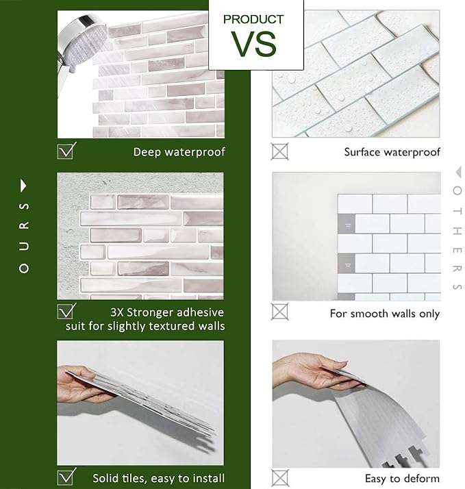 STICKGOO Thicker Peel and Stick Backsplash Tile for Kitchen and Bathroom | 10 Sheets of 12”×12” - 3D Vinyl Self Adhesive Wall Tiles Stick on Backsplash for Kitchen & Bathroom(Warm Greige)