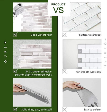 STICKGOO Thicker Peel and Stick Backsplash Tile for Kitchen and Bathroom | 10 Sheets of 12”×12” - 3D Vinyl Self Adhesive Wall Tiles Stick on Backsplash for Kitchen & Bathroom(Warm Greige)