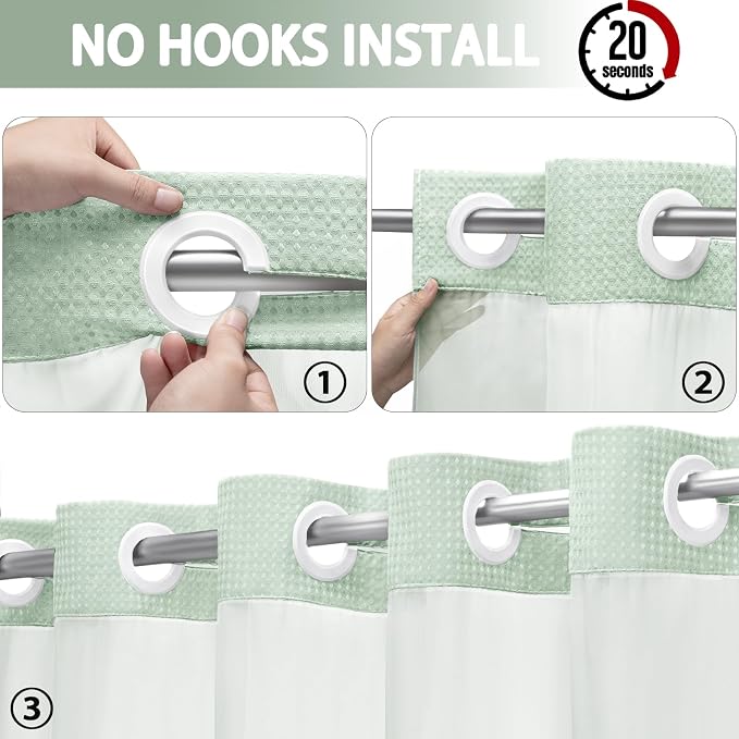 No Hook Shower Curtain with Liner Set Hotel Waffle Mint Green 72W X 75L | Washable Snap in Fabric Liner, Mesh Top Window, Waffle Hotel Style Shower Curtain Set
