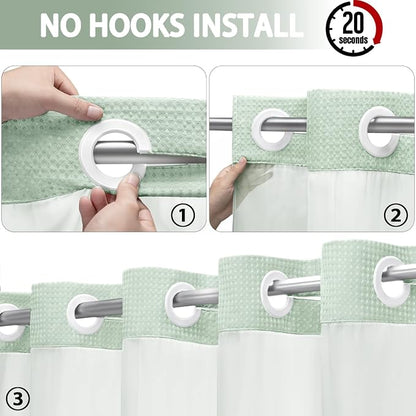 No Hook Shower Curtain with Liner Set Hotel Waffle Mint Green 72W X 75L | Washable Snap in Fabric Liner, Mesh Top Window, Waffle Hotel Style Shower Curtain Set