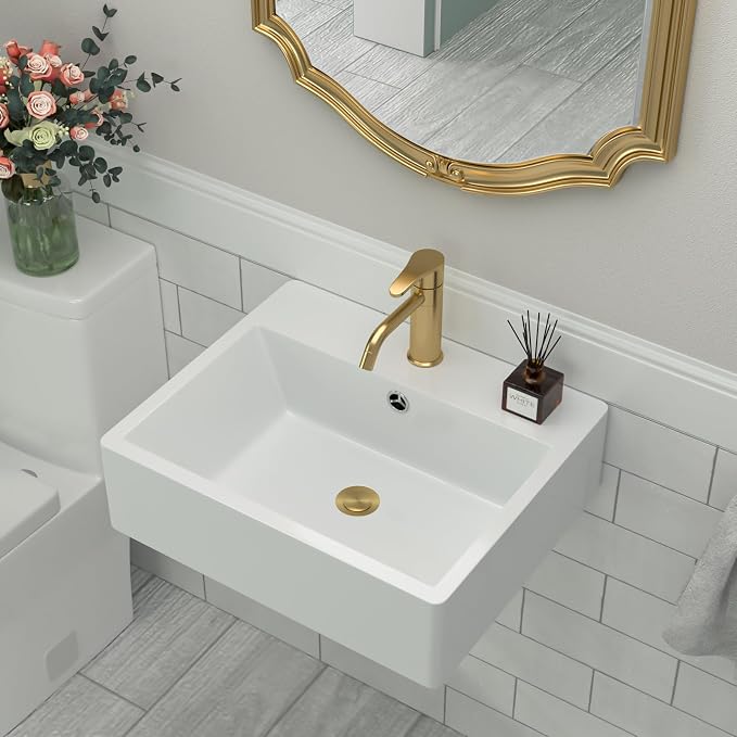 Floating Wall Mount Sink | Beslend 20"x17" Inch White Ceramic Vessel Sinks, Rectangular Art Basin with Single Hole, Small Space-Saving Bathroom Sink