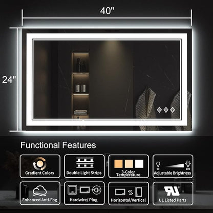 Lighted Vanity Mirror, 40x24 Inch Gradient Front and Backlight LED Vanity Mirror, 3 Colors Dimmable CRI>90 Double Lights, IP54 Enhanced Anti-Fog, Hanging Plates Wall Mount Bathroom Mirror