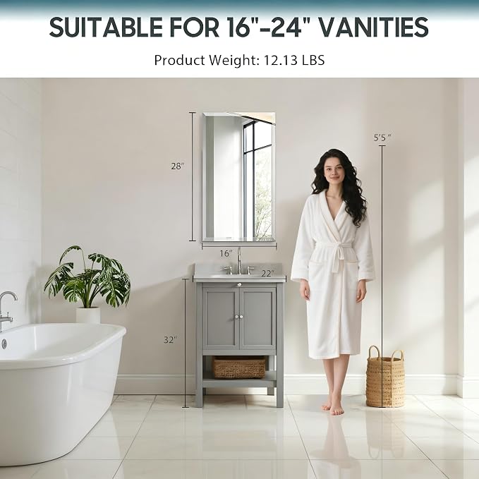 16x28 Plastic Medicine Cabinet with Mirror, Recessed or Surface Mount | 3 adjustable shelves, beveled mirror, soft-close reversible door, 95% assembled; cutout 13.86"W x 24.15"H x 3"D