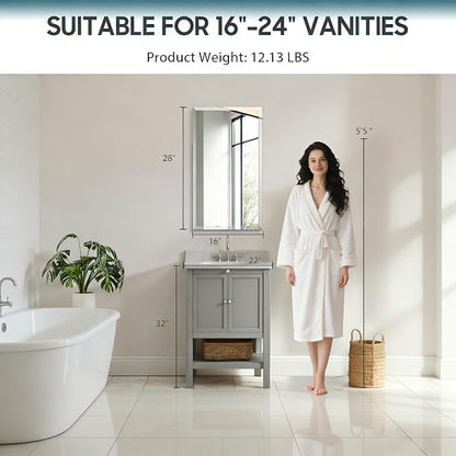 16x28 Plastic Medicine Cabinet with Mirror, Recessed or Surface Mount | 3 adjustable shelves, beveled mirror, soft-close reversible door, 95% assembled; cutout 13.86"W x 24.15"H x 3"D