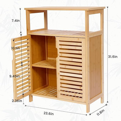 Bamboo Storage Cabinet with Doors, Floor Freestanding Cabinet with Shelves for Bathroom, Kitchen, Living Room