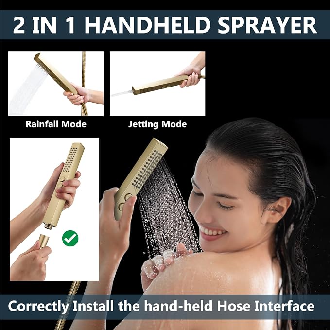 Aolemi Ceiling Shower Faucet Set System Dual Head 16&6 Inch Brushed Gold | 2 in 1 Handheld Spray,Shower Valve and Trim Kit,Push Button Diverter, 16"Top+6" Wall Rain Head,Bathroom Mixer for Couple