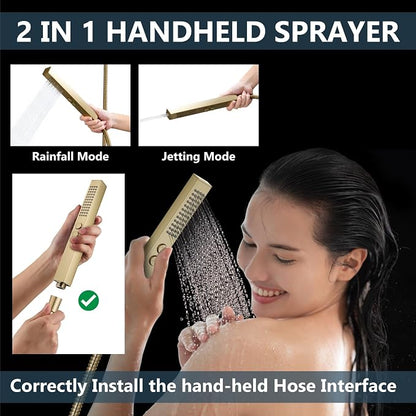 Aolemi Ceiling Shower Faucet Set System Dual Head 16&6 Inch Brushed Gold | 2 in 1 Handheld Spray,Shower Valve and Trim Kit,Push Button Diverter, 16"Top+6" Wall Rain Head,Bathroom Mixer for Couple
