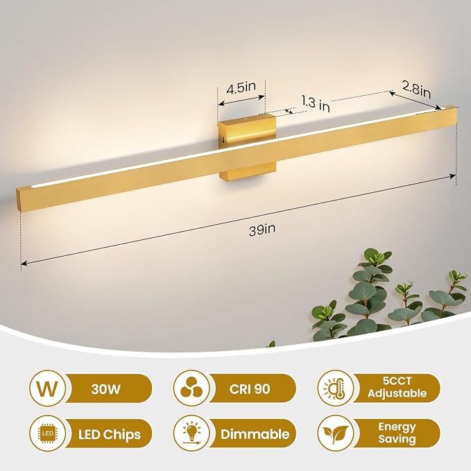 Modern Bathroom Light Fixtures 39 Inch Gold Bathroom Vanity Light with Up & Down Lighting 30W Dimmable 5CCT LED Vanity Lighting Fixture Bar for Bathroom Restroom
