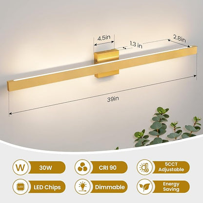 Modern Bathroom Light Fixtures 39 Inch Gold Bathroom Vanity Light with Up & Down Lighting 30W Dimmable 5CCT LED Vanity Lighting Fixture Bar for Bathroom Restroom