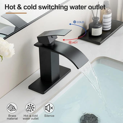 Waterfall Bathroom Faucet, Single Handle Matte Black Sink Faucet 1 Hole or 3 Hole for Lavatory, Washbasin, Vanity, Commercial, with Deck, Pop-up Drain and Supply Hoses