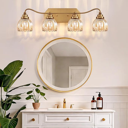 Vintage Bathroom Light Fixtures, 4 Light Gold Bathroom Vanity Light, Matte Antique Brass Finish with Amber Crystal Glass Shade, Wall Sconces Lighting for Bedroom, Living Room（Amber-colored Glass）