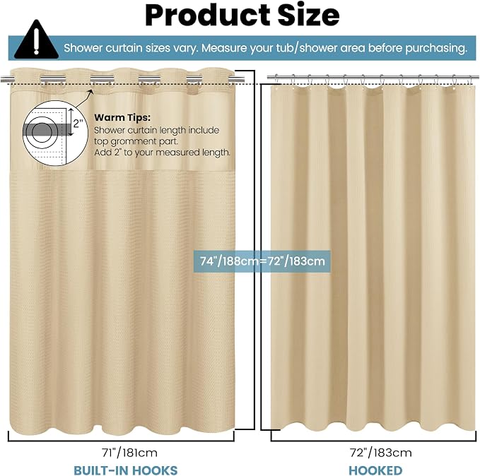 SORTTO No Hook Shower Curtain with Snap in Liner Set Waffle Shower Curtain for Bathroom Hotel Style Fabric Waterproof Inner Liner，71" W x 74" H, Cream