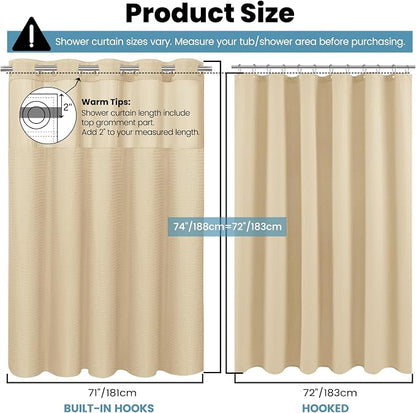 SORTTO No Hook Shower Curtain with Snap in Liner Set Waffle Shower Curtain for Bathroom Hotel Style Fabric Waterproof Inner Liner，71" W x 74" H, Cream