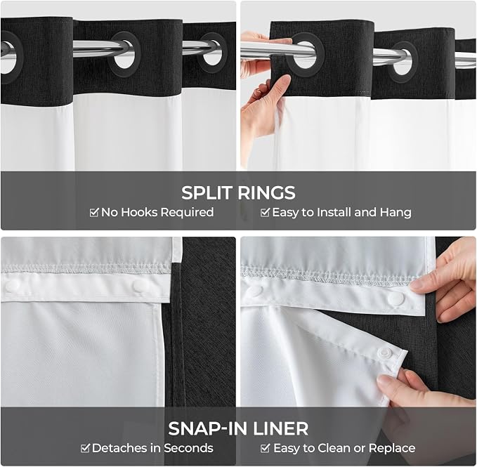 River Dream Linen Textured No Hooks Shower Curtain with Liner,Black,71x74 | Mesh Top Window,with Snap-in Liner,Heavy Duty Fabric,Quick Dry,Bottom Magnets,Water-Repellent,Washable,Farmhouse Bathroom Set