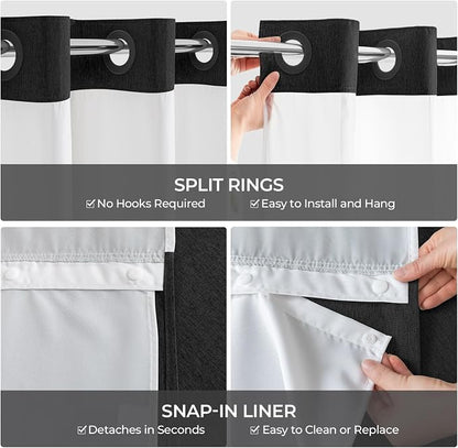 River Dream Linen Textured No Hooks Shower Curtain with Liner,Black,71x74 | Mesh Top Window,with Snap-in Liner,Heavy Duty Fabric,Quick Dry,Bottom Magnets,Water-Repellent,Washable,Farmhouse Bathroom Set
