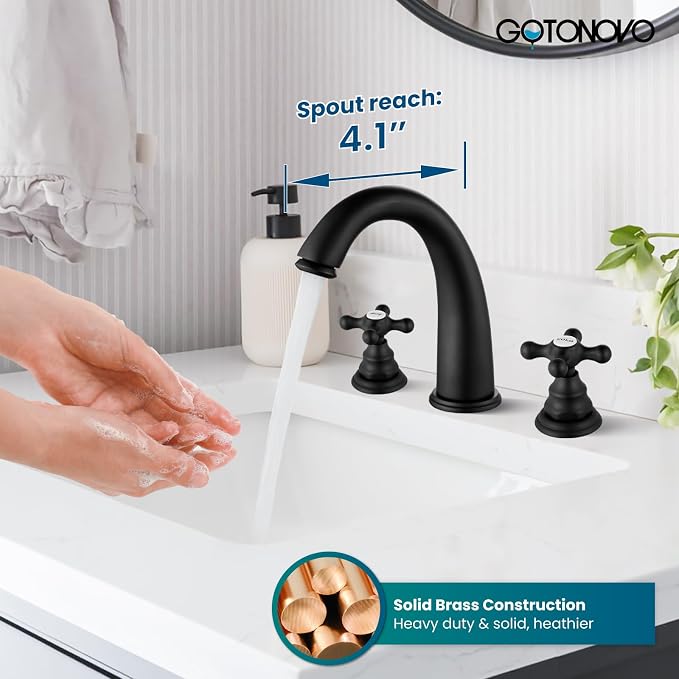 gotonovo Widespread Bathroom Sink Faucet 3 Hole Matte Black,H&C Label | Vintage 8’’ Bathroom Faucet,2 Cross Handle,6-16’’ Sink,Vanity,RV,Farmhouse,SUS304,24’’ cUPC Hose,Pop Up Drain,Deck Mount