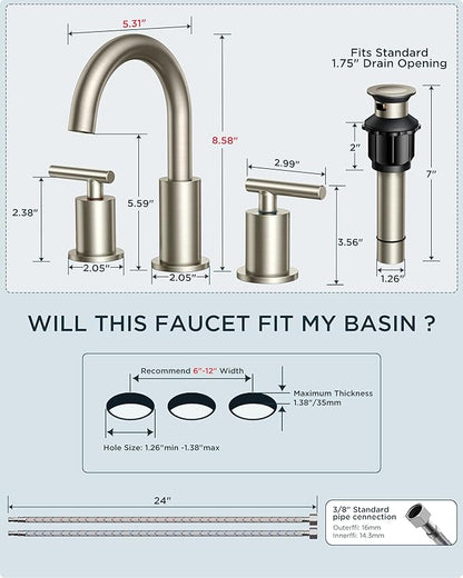 FORIOUS Brushed Nickel Bathroom Faucet 3 Hole Vanity with Metal Pop Up Drain and 24" Supply Lines, 2 Handle 8 Inch Widespread Faucet for Bathroom Sink 3 Hole Brushed Nickel with 360° Swivel Spout